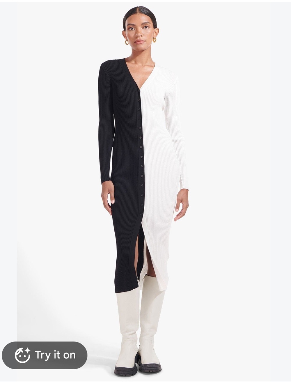 STAUD Colorblock Black & White Ribbed Button-Front Midi Dress